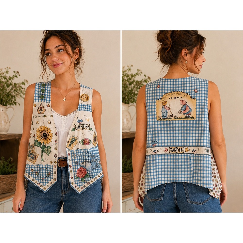 Vintage Reversible Garden Floral Vest Blue Gingham Sunflower Novelty Buttons‎
